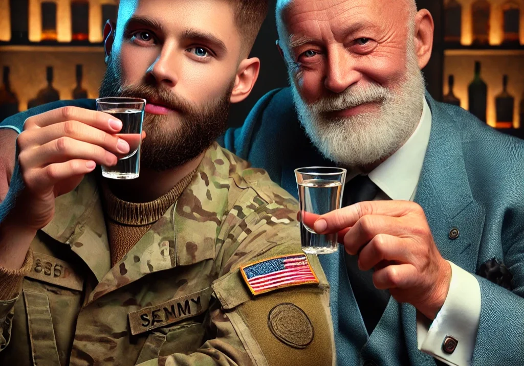 DALL·E 2025-02-15 06.09.30 - A realistic-style photograph of a young American man with a well-groomed beard and mustache wearing army fatigues, sitting at a bar with an older Russ