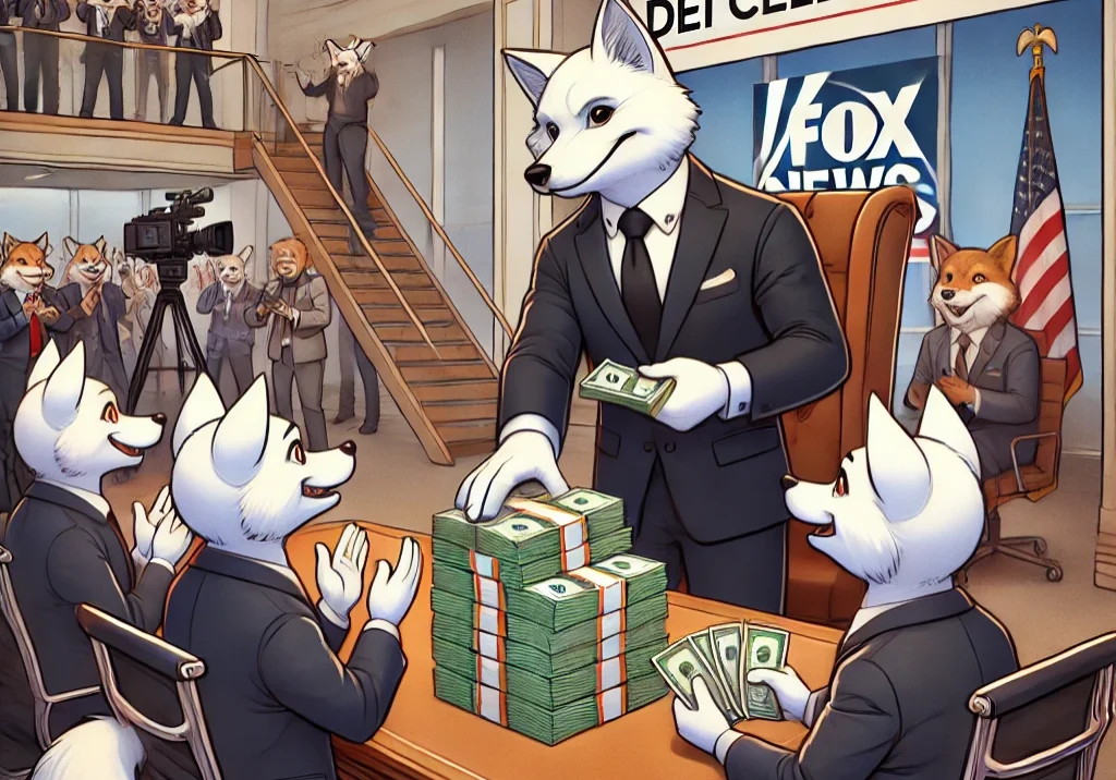 DALL·E 2025-02-15 06.21.56 - A cartoon-style illustration of a white fox dressed as a CEO, wearing a black suit and tie, standing in a grand office with a large desk. The fox is h