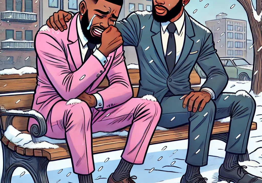 DALL·E 2025-02-17 13.14.51 - A cartoon-style illustration of two young Black men with manicured beards sitting on a park bench in the snow, consoling each other. One man is wearin