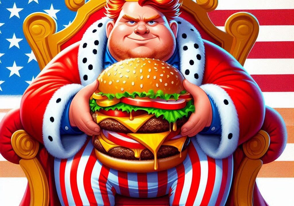 cartoon photo of an overweight man with red hair wearing a red, white, and blue royal kings robe eating a large hamburger sitting on a throne wearing a golden crown with the letters USA behind him